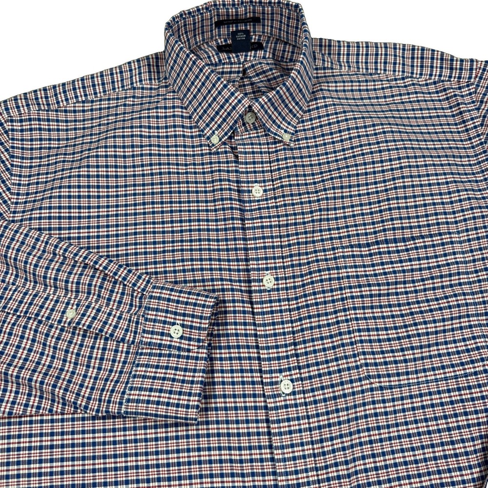 Lands End Dress Shirt Men's 17 33 Tailored Fit Red Plaid Supima Cotton No Iron